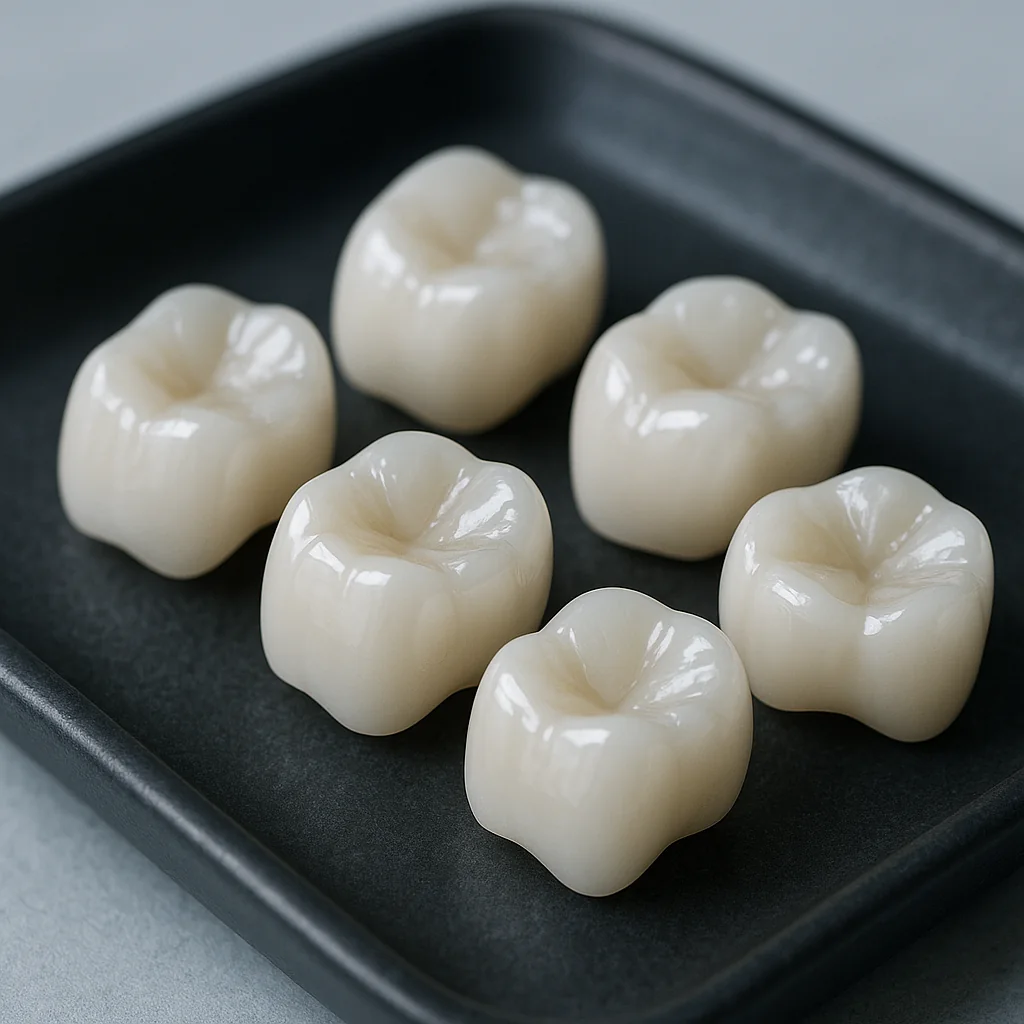Zirconia crowns on a tray