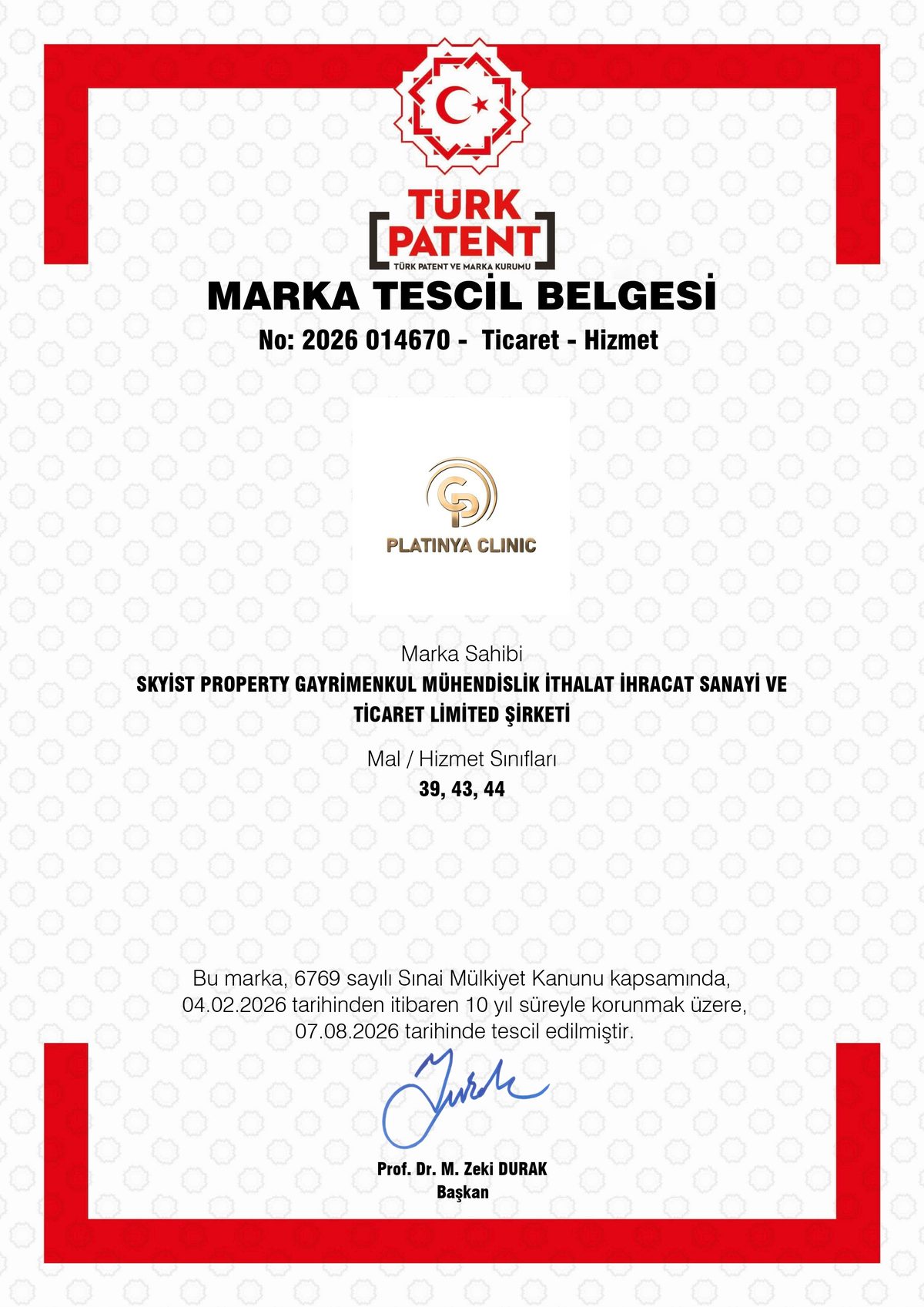 Registered Trademark Certificate for PLATINYA CLINIC — Turkish Patent and Trademark Office