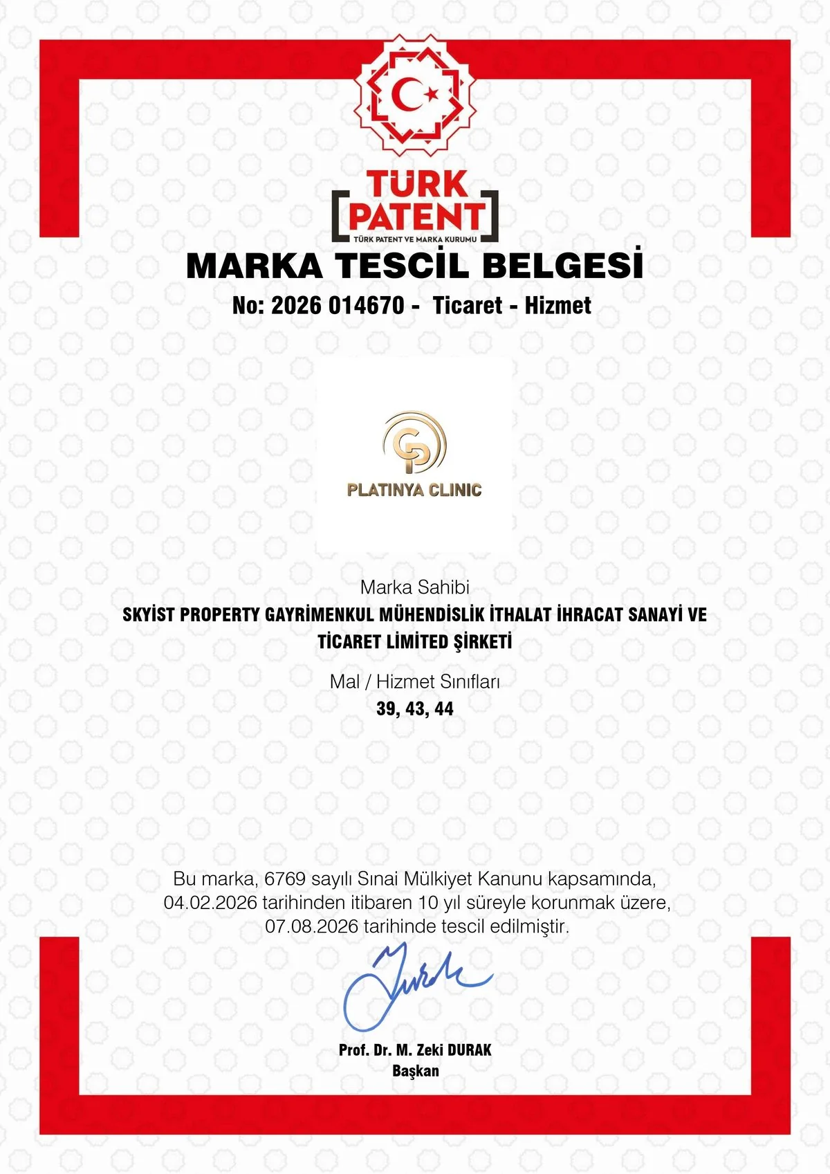 Registered Trademark Certificate for PLATINYA CLINIC — Turkish Patent and Trademark Office